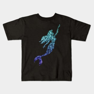 Teal and Blue Ombre Faux Glitter Mermaid Silhouette Kids T-Shirt